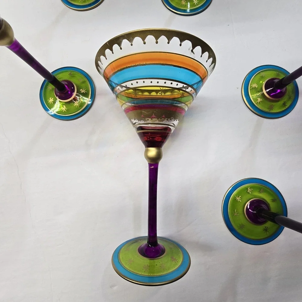Pier 1 Festive Hand Painted Colorful Stripe Martini Glasses Set of‎ 6 EUC FIesta
